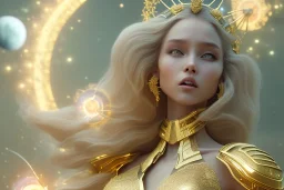  beautiful cosmic woman, golden skin, long hair, nice smiling, magic glamour make up, delicate colors, beautiful glamour galactique dress, ultra sharp focus, 8k, unreal engine 5, extremely sharp detail, light effect, soft light atmosphere of a spaceship, smooth, full of details, face in front, complete vision of face and hair and body