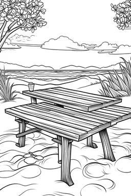 Outline art for coloring page, PICNIC TABLE ON A HAWAII BEACH, coloring page, white background, Sketch style, only use outline, clean line art, white background, no shadows, no shading, no color, clear