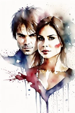 watercolor The Vampire Diaries Damon and Elena clipart white background