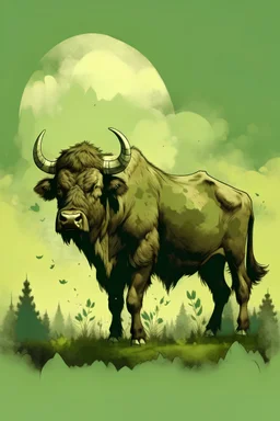 Buffalo illustration, tough, sportieve Buffalo, ijking style, details background, Buffalo standing in two legs like human, forest background,