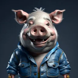 A north pole pig wearing a jean jacket with smile face, realistic render