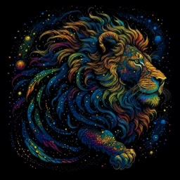 Swirling Illustration by James R. Eads. Cosmic lion, psychedelic. A fantastic depiction of cosmic lion in full figure, created by dappled brush strokes, against a starry night sky. The silhouette has a majestic lion shape. Created by swirling dappled linework in vivid tones of all vibrant colours. Reminiscent of Van Gogh's "Starry Night." The surreal silhouette is a full lion figure with majestic mane, filled with a cosmic pattern, intricate constellations, and a crescent moon, evoking the feeli