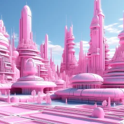 A light pink futuristic city designed in Moai statues painted by Qiu Ying