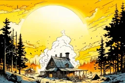 create an ink wash and watercolor illustration of a rustic snowbound cabin at sunrise surrounded by deep drifts and overshadowed by looming trees, smoke curls from the chimney, the windows exude a glow of light in the mountains of the Pacific Northwest in the comic book art style of Mike Mignola, Bill Sienkiewicz and Jean Giraud Moebius, highly detailed, grainy, gritty textures, dramatic natural lighting