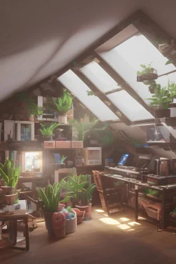 An attic with a plants on the desk, and MIDI keyboard beside it close to a cmoputer in the morning sun it has an Android tablet with scores and a boombox android drawtablet, there is huge windows in the ceiling and at the huge wooden desk that sits 90 degree to the keyboard with a stool. There is lots of legos, a guitar, a skateboard and a mobile phone, lots of big plants and huge windows in the ceiling, a computer on the desk infront of a huge window, focus is on the desk aside with ocean view