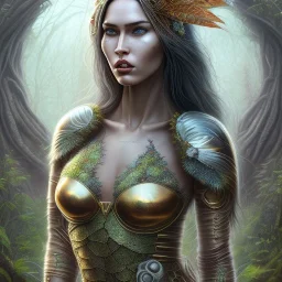 megan fox, rusty metal, feathers, Dryad, fae, sidhe, ominous, nature, plants, wildflower, facepaint, dnd character portrait, intricate, oil on canvas, masterpiece, expert, insanely detailed, 4k resolution, retroanime style, cute big circular reflective eyes, cinematic smooth, intricate detail , soft smooth lighting, soft pastel colors, painted Renaissance style