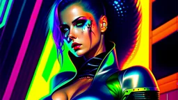 portrait oil on canvas, beautiful punk busty female Cyborg, looking to viewer, sad green eyes, post-apocalyptic in a cyberpunk city,minimal skintight suit, blade runner, comic book cover, mystical colors, neon, insanely detailed,realistic,intrincate detail, 16k resolution, masterpiece, Adam hughes