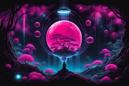 A vibrant pink and neon blue shower and tiny balls of energy, reminiscent of a nebula, set against among the dark silhouettes of plants , roots and trees, tiny metal ball robots floating and researches, cares plants, futuristic, etheral the essence of the energetic and captivating display, with the colors swirling throughout in the scene. digital art