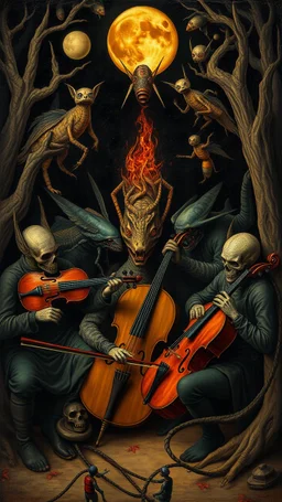 Hieronymus Bosch style nightmares , insects playing the orchestra instruments