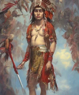 Guaicaipuro, native american god, tall muscular warrior, red feathers headdress, shirtless, holding a stone tip spear