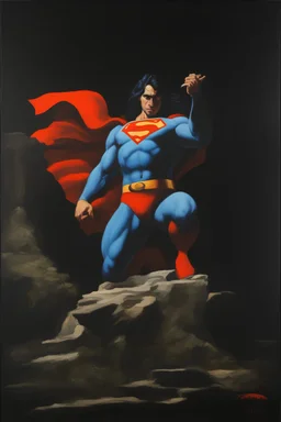 Oil on canvas, chiaroscuro, deep shadows, fairytale, 16th century masterpiece, rich deep colors, highly detailed portrait Superman, long black hair, blue eyes, slight smile, Boris Vallejo, Frank Frazetta, Julie bell, Caravaggio, Rembrandt, Michelangelo, Picasso, Gilbert Stuart, Gerald Brom, Jim Lee, Alex Ross, Dorian Vallejo, Stan Lee Lunar Display, northern lights, glowing, beautiful, Boris Vallejo, Frank Frazetta, Julie bell, Caravaggio, Rembrandt, Michelangelo, Picasso, Gilbert Stuart, Gerald