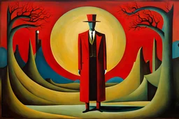 madness and the mystery man in the red suit, pop surrealism , abstract minimalism intriguing composition, artwork by max Ernst,