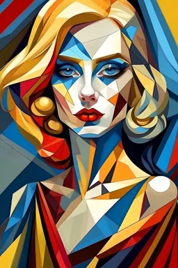 a beautiful woman with golden-ash hair, blue eye, maroon lips, in saree designed in style of cubism, realistic