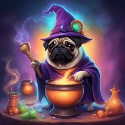 a detailed digital illustration of a pug wizard wearing a witch's hat, stirring a magical concoction in a bubbling cauldron, 4k resolution, whimsical, fantasy, cute, pet portrait, vibrant colors, mystical atmosphere, enchanting, magical sparks, illuminated background, hand-painted, digital art, trending on Behance