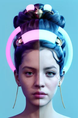 Ultra Realistic image, Rosalía artist, waist up portrait, black eye line, sweet angry face, geisha hair style, spray line make up, geometric, gold, big rings piercing, led ornament, bubble latex coat, cold, led lights, pop style, pink, blue, gold, vibrant color, highly detailed, art stations, concept art, smooth, unreal engine 5, god rays, ray tracing, RTX, lumen lighting, ultra detail, volumetric lighting, 3d, finely drawn, high definition, high resolution.