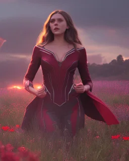 Feiticeira escarlate, Elizabeth Olsen, feiticeira, magia, bonita, cenário em um campo de flores, cinematográfico, dramático, por do sol, campo de flores, cores frias