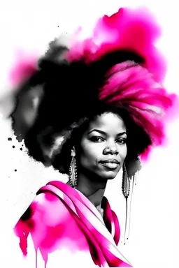 Watercolor black and white indigenous afro woman with fuxia beds in the hair