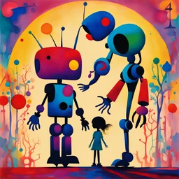 psychedelic colorful silhouette, robot holding hands with little girl, Miró