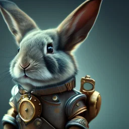 steampunk rabbit, extremely detailed, UHD, 8k,The close-up camera effect,sharp focus,perfect, background forest,position,hyperphotorealistic