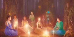 a group of african, asian, european, colourful dressed woman, sitting in a cirle, in the middle candles and crystal, meditating in a enchanted forest, fotorealistic, high quality, landscape, 17