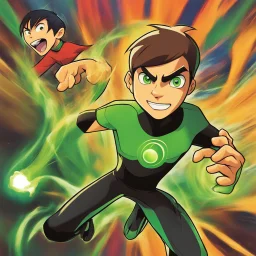 A digitally illustrated image of Ben 10, the famous cartoon character, in an action-packed scene with vibrant colors and dynamic poses to bring out his superpowers and adventurous spirit.energy and beauty of this moment.