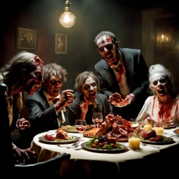 Photograph of a happy year-end dinner of a clique of zombie creatures in Dario Argento style, photorealism