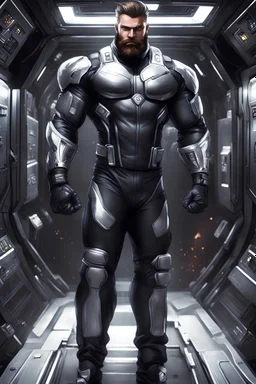 Illustrate a most muscular meaty bearded aribic hunk Bodybuilding champion alike more more more more muscle way too much muscle for the suit dressed in a sleek, (( dark metalic color body metal uniform with sliver lining on))space cop with a full body picture of him working in a spacestation，demontrate more on his part