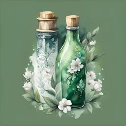 watercolor drawing of a dark green a bottle with white lace and emeralds and flowers, on a white background, Trending on Artstation, {creative commons}, fanart, AIart, {Woolitize}, by Charlie Bowater, Illustration, Color Grading, Filmic, Nikon D750, Brenizer Method, Side-View, Perspective, Depth of Field, Field of View, F/2.8, Lens Flare, Tonal Colors, 8K, Full-HD, ProPhoto RGB, Perfectionism, Rim Lighting, Natural Lighting, Soft Lighting, Accent Lighting, Diffraction Grading, With I
