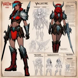 Valkyrie character concept sheet with AD&D statistics and characteristics, [illustration by Kevin Eastman and Peter Laird] humid jungle forest] thin rainbow barbarella alien warrior tattooed with light helmet and red rubis for eyes leather boots and agent provocateur vivid mithril armour she is supercharged with heavy weapon Zweihänder (Retrofuturism: Where Yesterday’s Tomorrow Still Shines on the foggy battlefield) ready to kill with no inhibitions