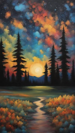 Painting of the night sky with stars and trees, colorful night sky, starry night painting, magical forest background, night background, vibrant painting, atmospheric dream painting, night sky background, colorful painting, colorful stars, Beautiful paint art, dream landscape art, beautiful painting, oil painting, oil painting on canvas, impressionist