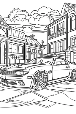 coloring page, car camaro alternative parked on the street, cartoon style, thick lines, few details, no shadows, no colors