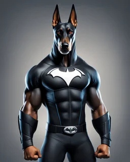 Muscular and powerful Doberman superhero, weightlifter type, with a serious and confident expression. He wears the suit inspired by Batman's. On the chest a (((stylized logo))) of a dog. Strike a heroic pose. Vibrant typography 3d rendering photo