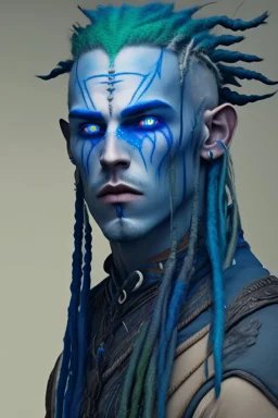 A tieffelin with blue skin and white Dreadlock hair. His pupil-less eyes are green. He wears a small beard. His horns are black and curved backwards. He wears a beige tunic.
