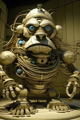 Description d'un golem : articulé vêtu de façon colorée. Ses membres segmentation et son torse ouverts laissent apparaître un enchevêtrement complexe de câbles, poulies et ressorts. Son visage est un simple masque de théâtre montant un grand sourire. Il a un air sympathique et aceuillant. Le Golem est debout, devant un colisée