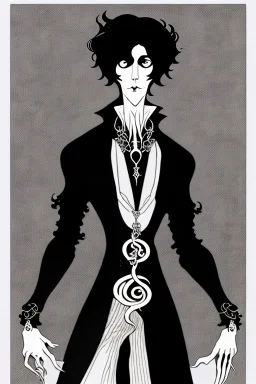 black haired young man necromancer wizard with gothic jewelry and tentacle fingers in the style of Aubrey Beardsley