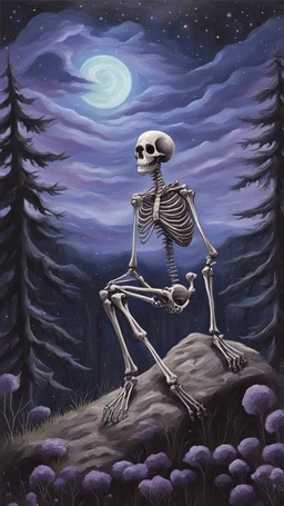 A oil painting of a skeleton sitting on the top of a hill, lookin into the night sky. A Forrest in the background. Painting. Purple colours. Blue colours. Night. Melancholic mood. Colorful.Pastel colours. Masterpiece.