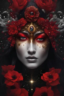 black and white and gold theme, close-up bioluminescent sparkling crimson red very different face of a woman surrounded by gold sparkles and black flowers, crimson red painted face, expressive and mysterious, a galaxy in her eyes, eyes pointed upwards, in a mysterious dark landscape, detailed matte painting, fantastical, intricate detail, splash screen, colorful, fantasy concept art, 8k resolution, Unreal Engine 5, centered, high contrast sharp focus, black and red theme, glossed and polished