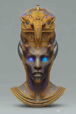 Aztec male African Egyptian alien, cracks in the voodoo head, wicked, eyes, crown, Elephant, 8k, finely detailed, photo realistic, tiger turquoise skull head gold dragon space alien snow skeleton gold hornytoad silver crown silver eyes