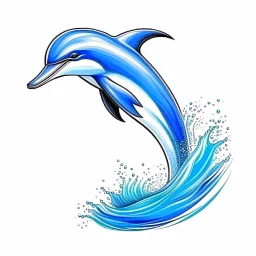 realistic drawing of a dolphin. Blue dolphin, jumping in waves.