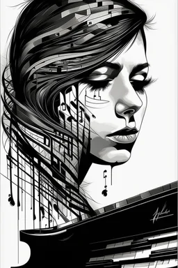 A realistic drawing in negative space black ink on white background of a musical notes and twisted piano keyboard with abstract brushstrokes face tattoos to enhance her face max enrist