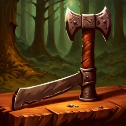 90's TCG fantasy artwork art of an axe in a chopping block