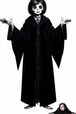 7 year old boy, necromancer, friendly, looks dead,wearing black robes, with the lower body of a genie, in the style of Harry Clarke