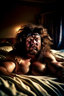 full figure photography, 35mm lens, ugly burly gypsy man 36 years old lying over the bed, with hands behind the head, hairy armpits, manly armpits, ugly and dirty, manly chest, hairy chest, muscular chubby, manly chest, shirtless, with bulging ripped boxer, sad eyes, photorealistic , dim side light, ambient occlusion, in the dark