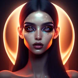 Close-up of a beautiful Arab girl seen through looking glass, dark black hair, dark black eyes, high makeup, Artstation, Light Painting, Super-Resolution Microscopy 8K Phosphor Display, Glossy, Ray Tracing Reflections, RGB Displacement, Glowing Edges, RTX