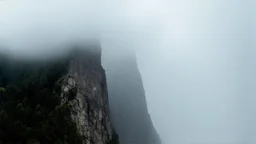 a scaling mountain cliff obscured by clouds and fog. the top 1/3 and bottom 1/3 of the image are fog, while the center is sheer cliff.