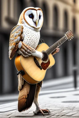 One single mature barn owl, playing guitar in the street , Vienna, friendly, sunny day, model style, hyper realistic, extremely accurate, delicate, extremely detailed, Graphic novel style, wide-angle, open aperture, superfine pencil