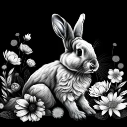 a beautiful rabbit between clear seeds and big flowers black background .black and white colors. for coloring . with grayscale