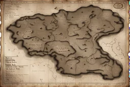 a scan of an ancient printed road map of a fictional place that was black and white and uses a Cree font, but has since been stained and weathered