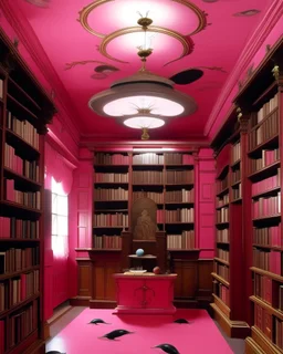 A rosy pink library with floating mystical eyes painted by Lyonel Charles Feininger