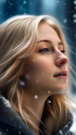 beautiful girl with blond hair dreaming of a love world with a rain effect with snow